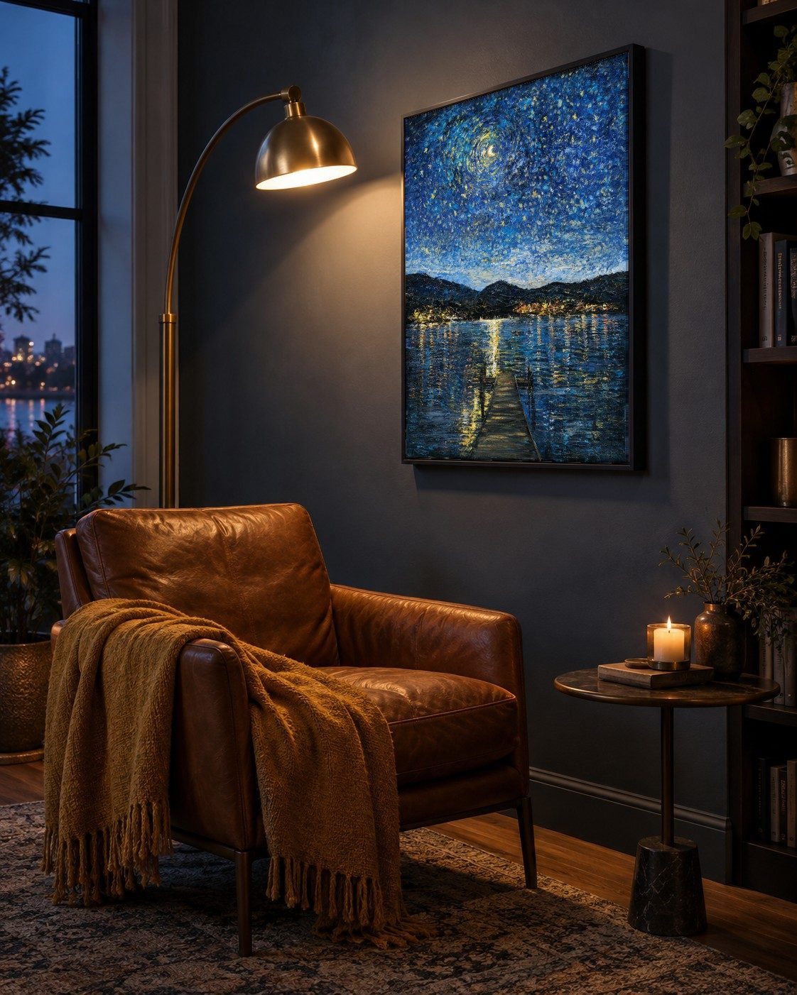 Okanagan Lake in Moonlight on a slate-blue wall in a reading nook, the painting's colours exactly as in the file